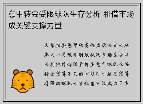 意甲转会受限球队生存分析 租借市场成关键支撑力量