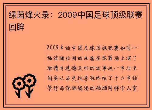 绿茵烽火录：2009中国足球顶级联赛回眸