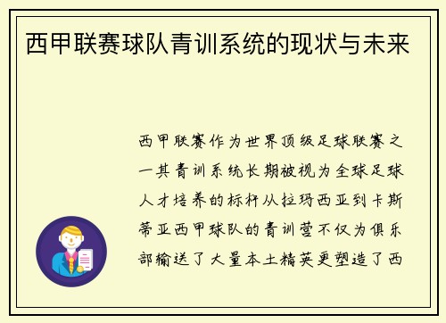 西甲联赛球队青训系统的现状与未来