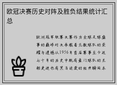 欧冠决赛历史对阵及胜负结果统计汇总