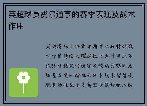 英超球员费尔通亨的赛季表现及战术作用